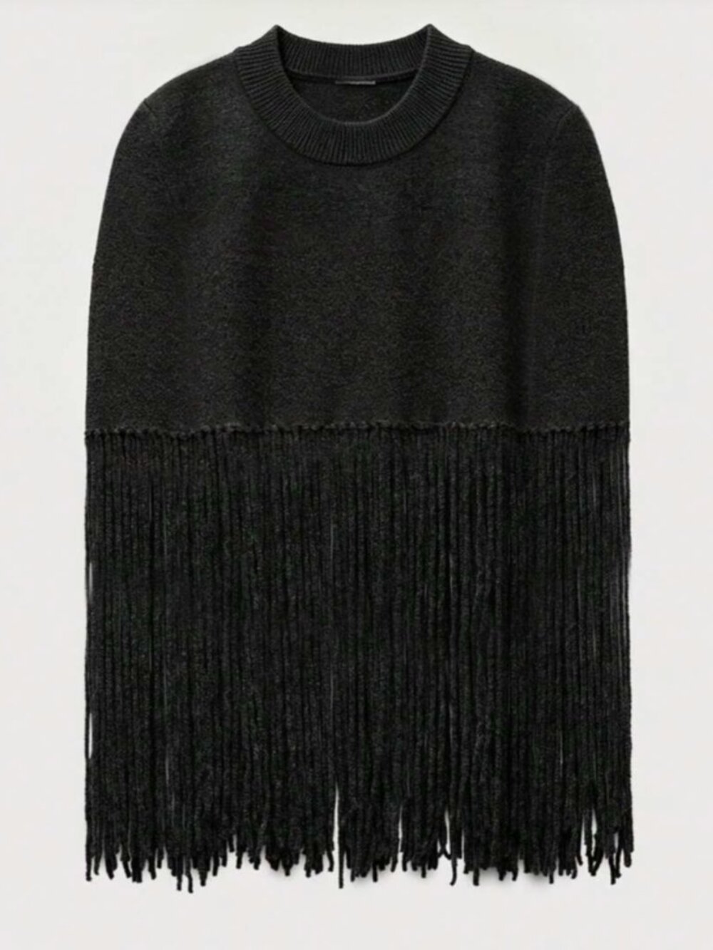 Women's Black Knit Fringe Poncho Cape Top Crew Neck Asymmetric Tassel Sweater - Picture 4 of 4